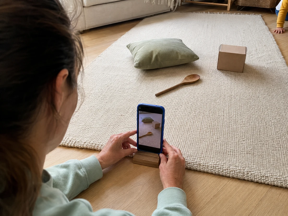 A parent props a phone on a stand facing a spoon, a pillow, and a cardboard box on a rug.