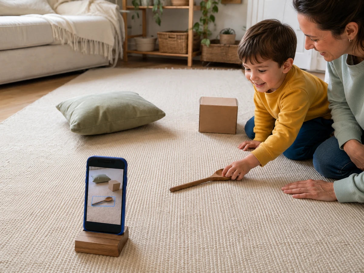 A child moves a spoon while a parent sits nearby and the phone stays on its stand.
